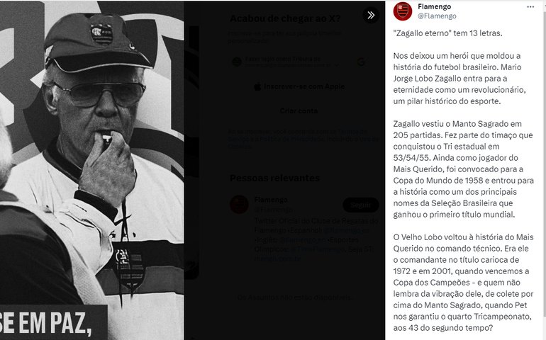 Clubes do futebol brasileiro unem-se em homenagem ao eterno Zagallo