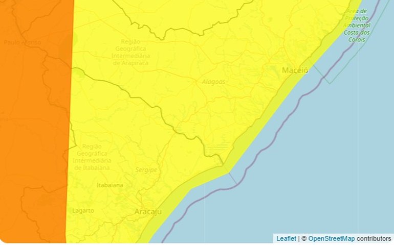 Inmet faz alerta de perigo potencial de chuvas para todo o estado de Alagoas até esta terça-feira