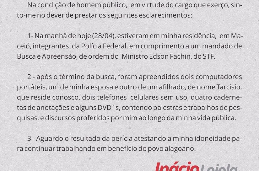 Deputado Inácio Loiola divulga nota sobre operação da Polícia Federal