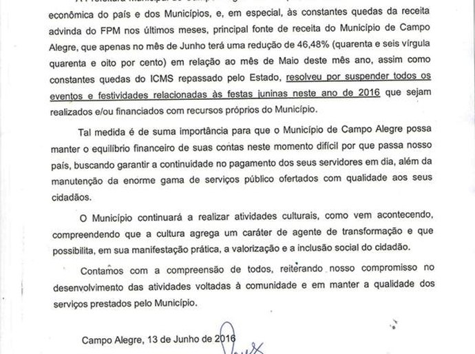 Crise leva prrfeitura de Campo Alegre a suspender realização de festejos juninos