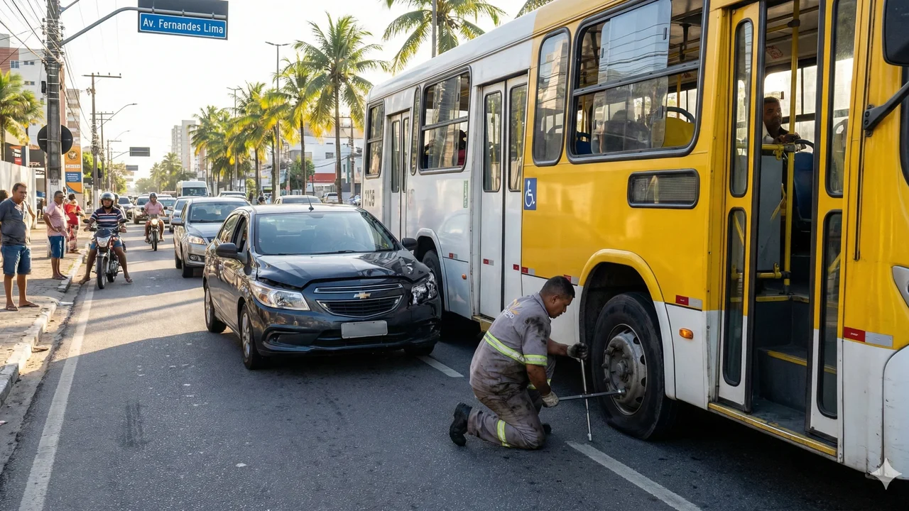 Batida entre carro e ônibus causa lentidão no trânsito da Ponta Verde, em Maceió