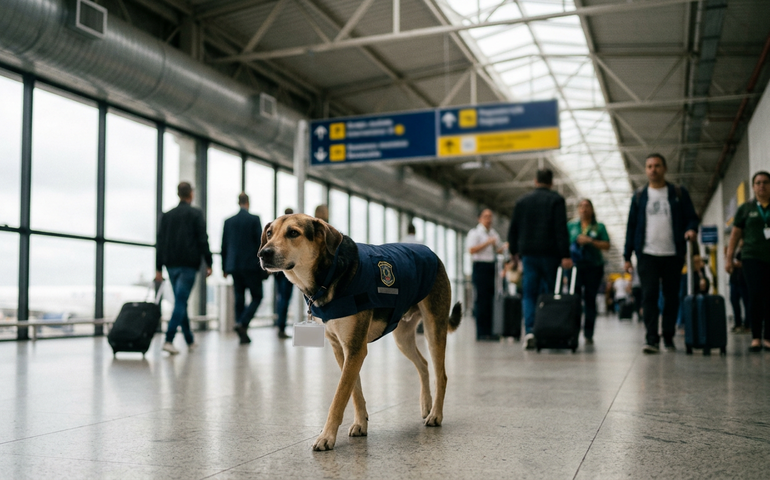 Cadela resgatada em aeroporto de Guarulhos ganha uniforme e vira mascote
