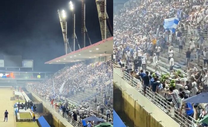 Confusão se espalhou por arquibancadas e saída de túnel no Estádio Rei Pelé Confusão se espalhou por arquibancadas e saída de túnel no Estádio Rei Pelé