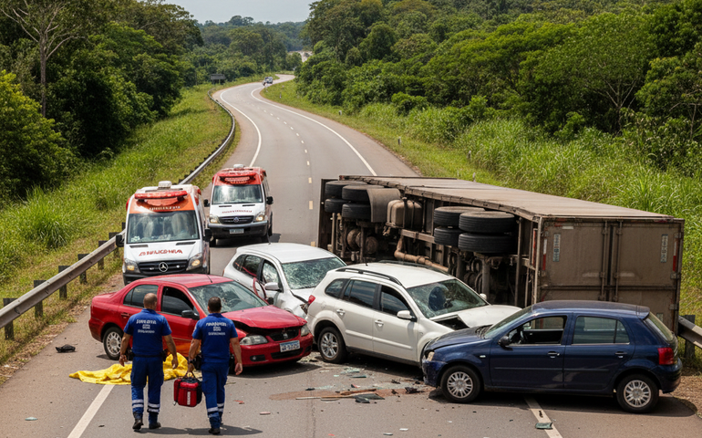 Colisão envolvendo três veículos e caminhão deixa um morto na BR-316