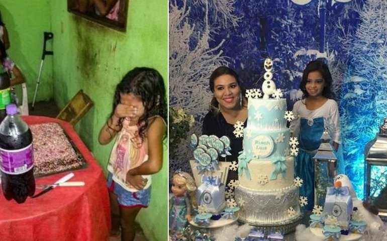 Menina que se emocionou ao ganhar bolo de aniversário ganha festa do ‘Frozen’