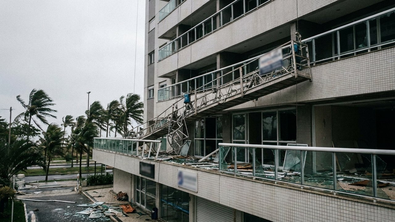 Vídeo mostra trabalhadores presos em andaime arremessado contra prédio na Barra durante ventania