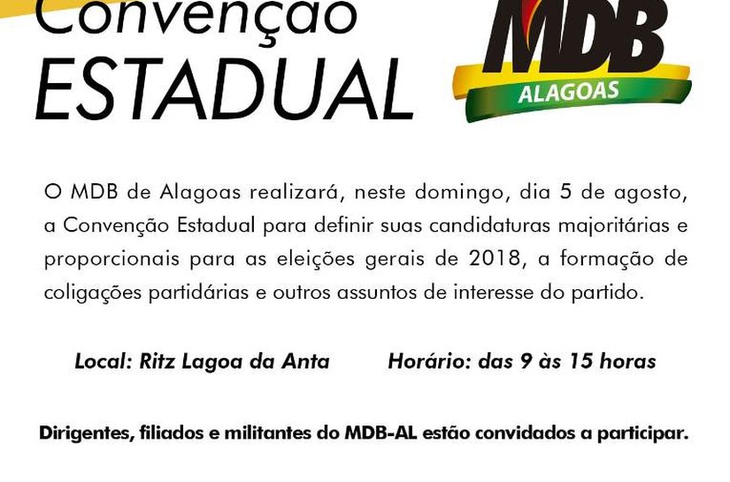 MDB realiza convenção no domingo, 5, para oficializar candidaturas em Alagoas