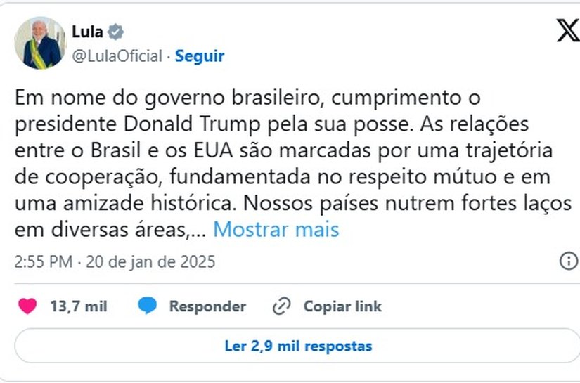 Lula cumprimenta Trump após posse e deseja 'mandato exitoso'