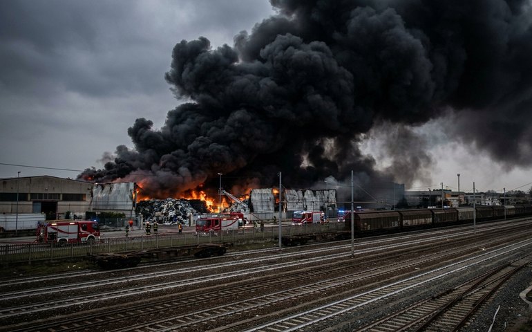 Grande incêndio atinge depósito de plásticos e suspende trens no norte da Itália