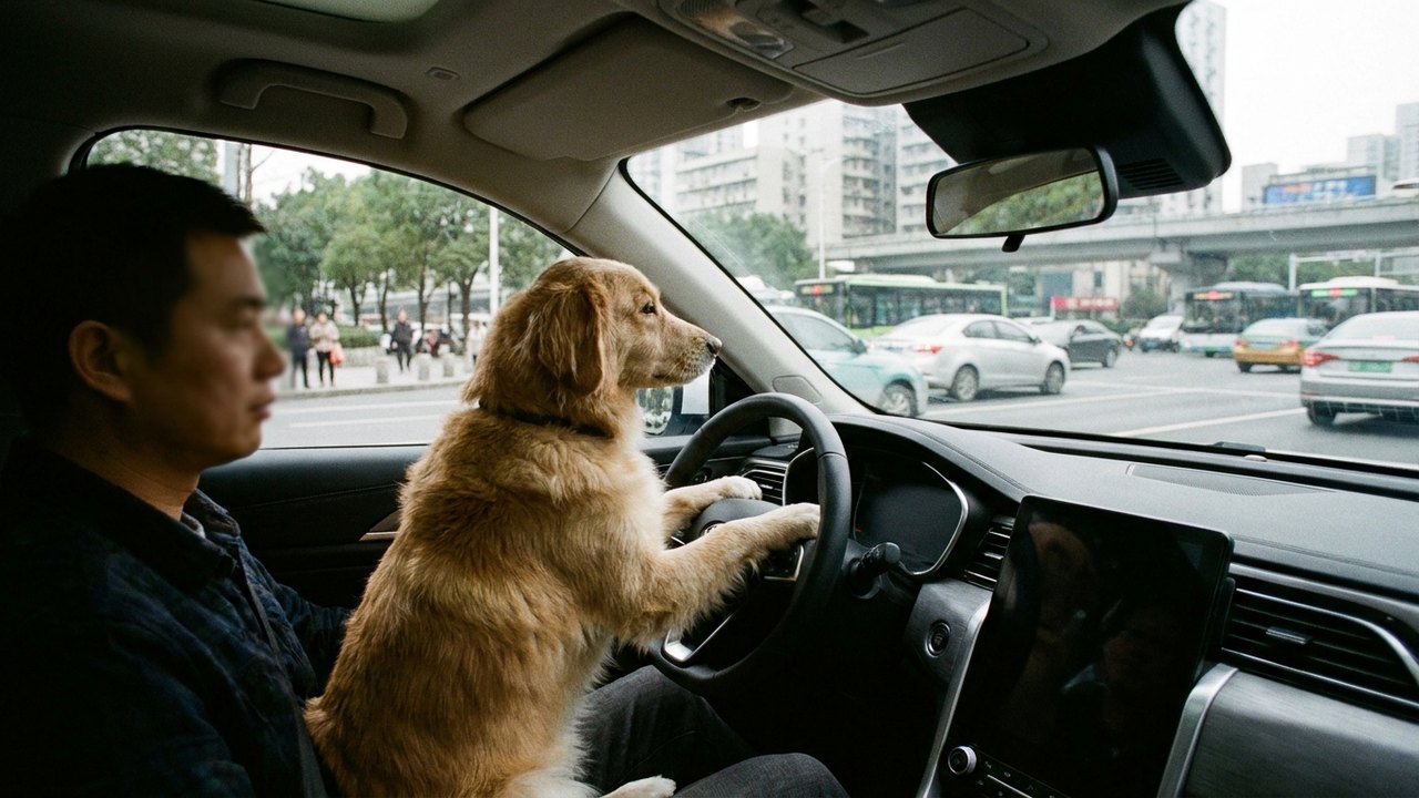 Cachorro 'assume o volante' em carro autônomo e atrai multidão na China