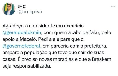 Prefeito JHC liga para Geraldo Alckmin e pede apoio da União para amparo de moradores
