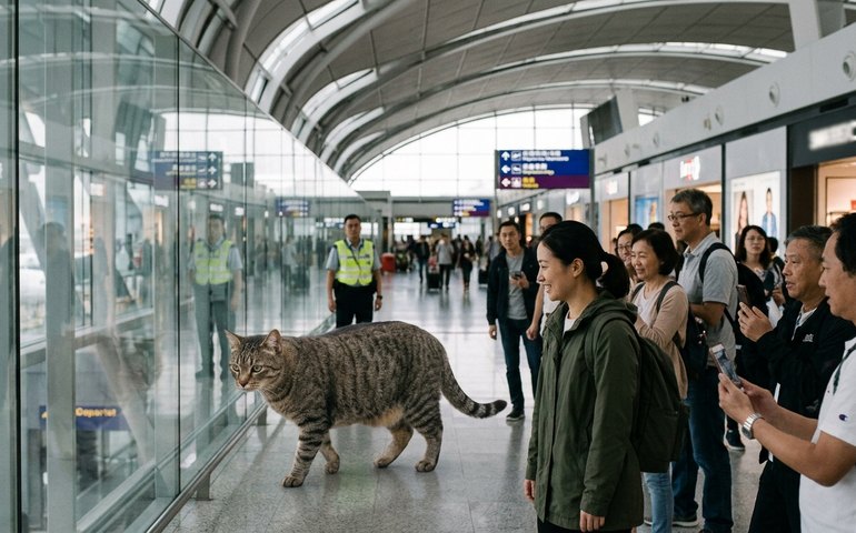 Gato gigante invade aeroporto e vira atração em Hong Kong