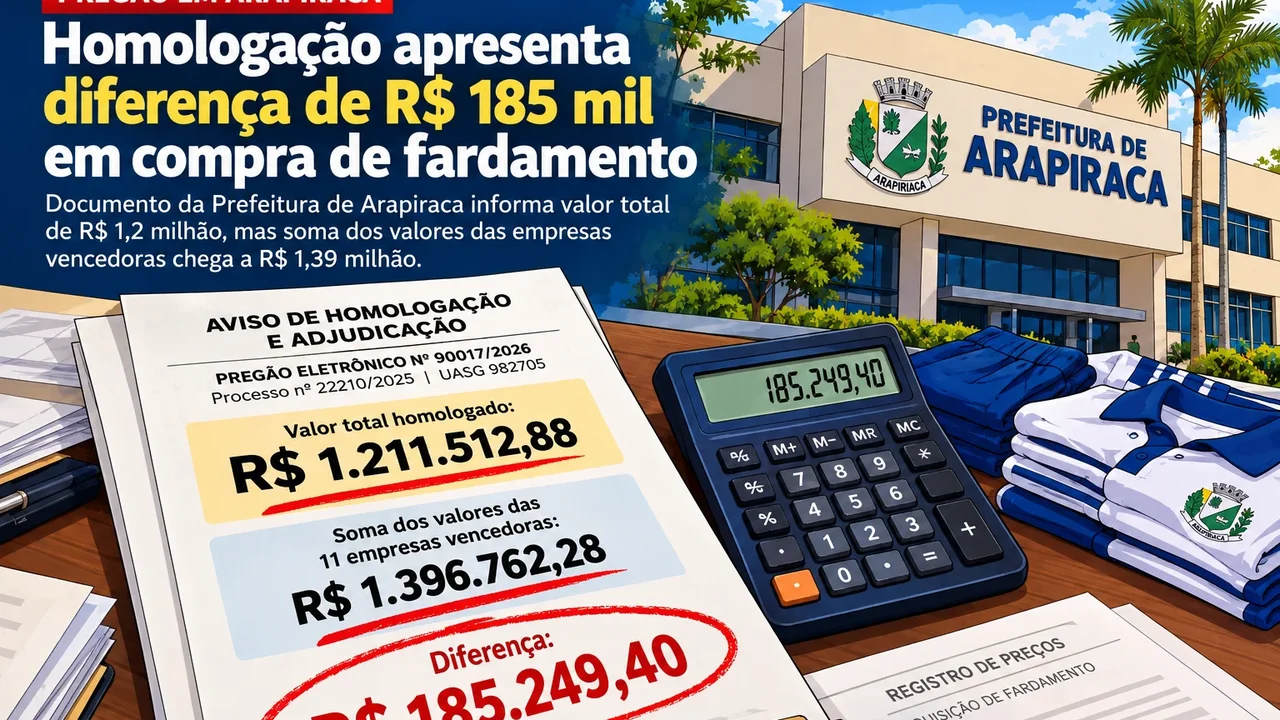 Aviso de pregão de Arapiraca traz diferença de R$ 185 mil nos valores publicados