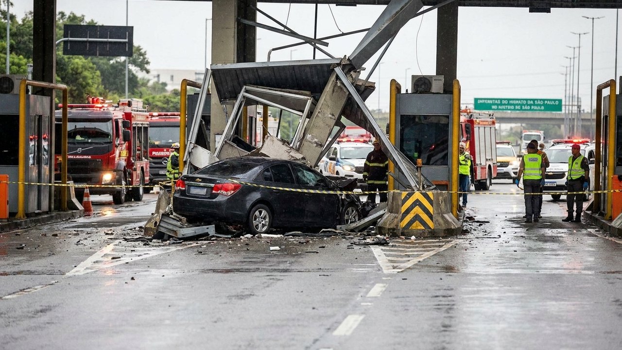 Motorista morre após carro derrubar estrutura de pedágio em SP