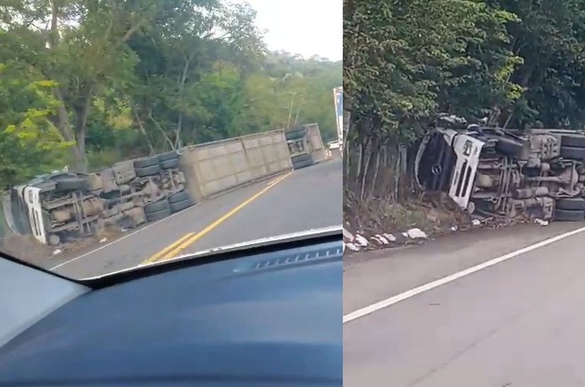 Caminhão-cegonha tomba e causa congestionamento na BR-316, em Satuba