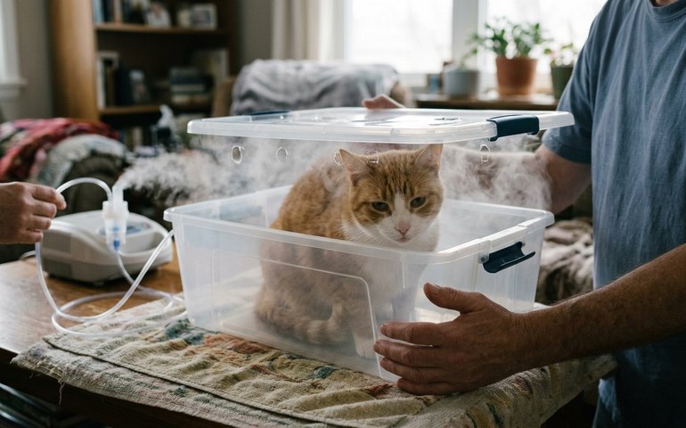 Gato com asma recebe nebulização com dispositivo improvisado