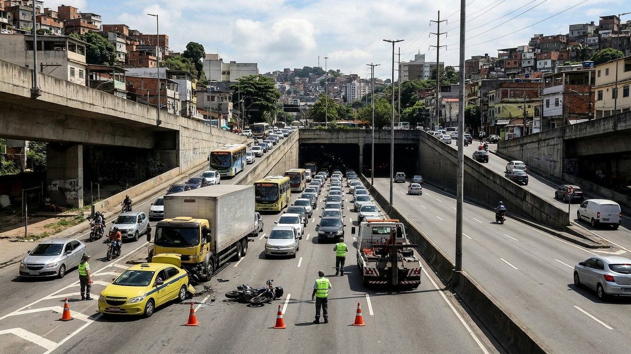 Acidente com moto, táxi e caminhão gera complicações no trânsito na saída do Túnel Santa Bárbara