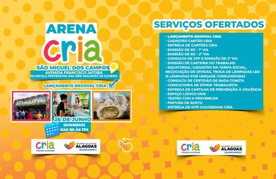 Arena CRIA estará domingo, 26, em São Miguel dos Campos, ofertando diversos serviços  