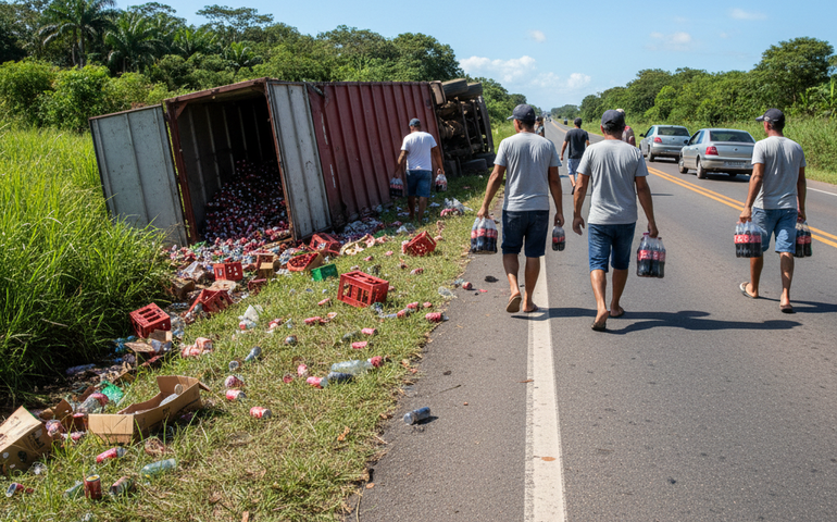 Caminhão carregado com refrigerantes da marca Coca Cola tomba na BR-101 em Porto Real do Colégio