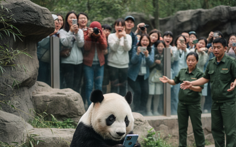 Panda travesso pega celular de turista e vira atração em zoo na China