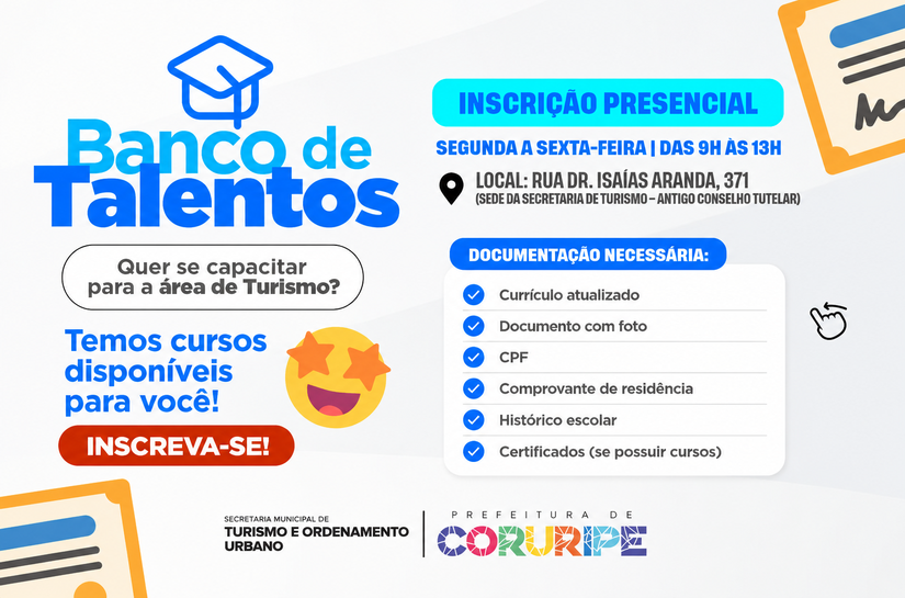 Prefeitura de Coruripe abre inscrições para Banco de Talentos voltado ao setor de Turismo