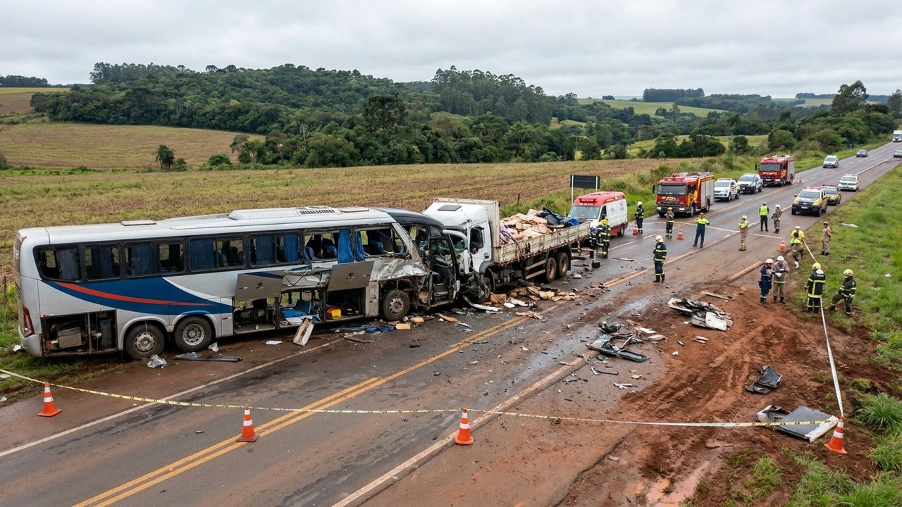Acidente entre ônibus e carreta deixa 21 mortos e 4 feridos no Paraná