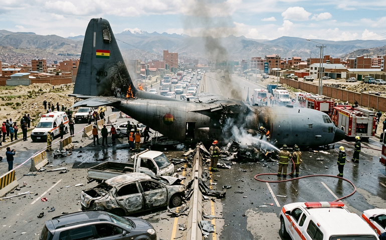 Aeronave Hércules da Força Aérea Boliviana cai sobre via próxima a La Paz