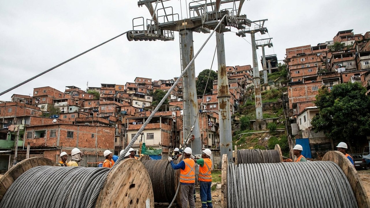 Teleférico do Alemão recebe novos cabos de aço importados para reabilitação do sistema