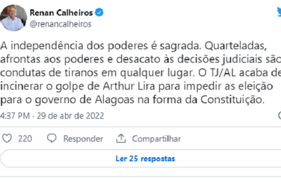 Renan: “Tribunal de Justiça incinera golpe de Arthur Lira de impedir eleições” 