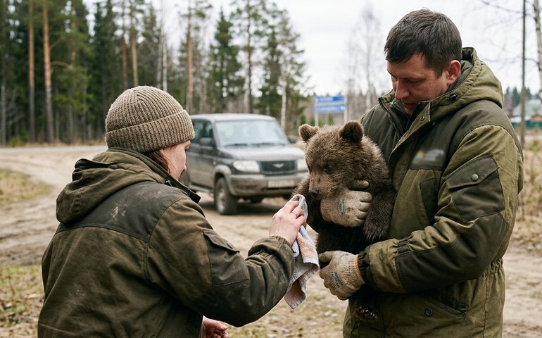 Filhote de urso é resgatada por voluntários russos