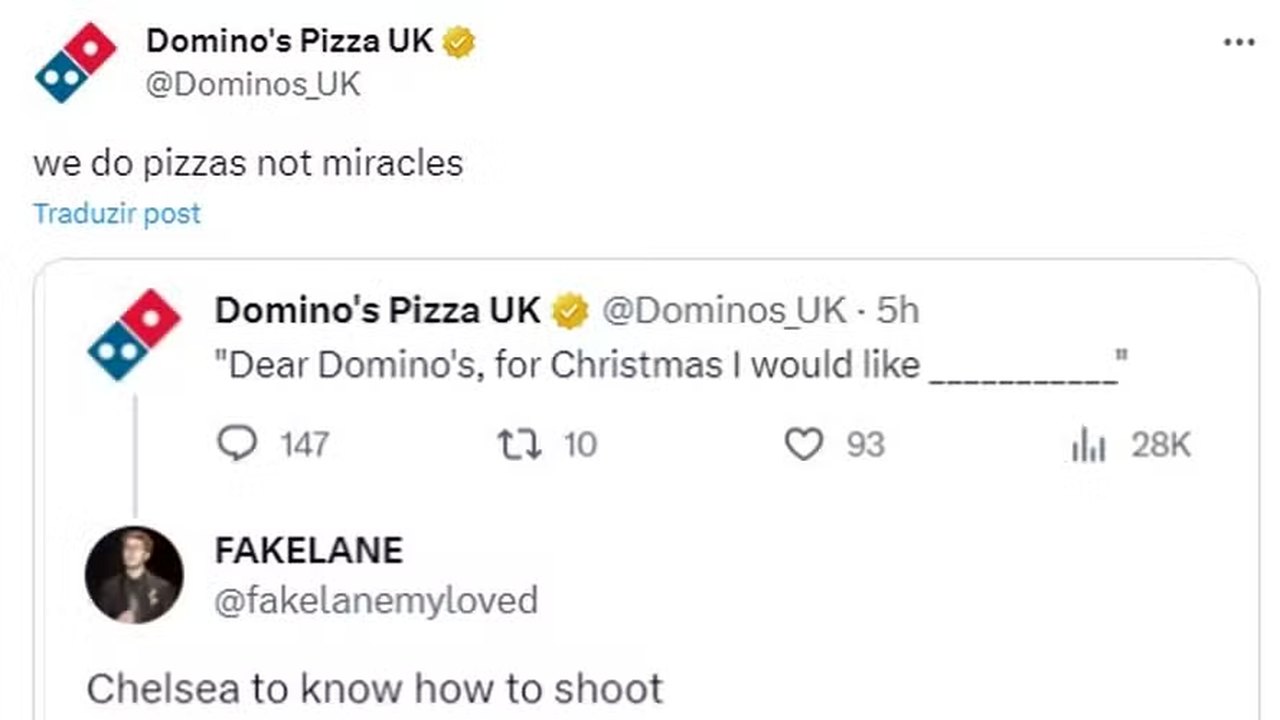 Pizzaria faz brincadeira com má fase do Chelsea: ‘não fazemos milagres’ 
