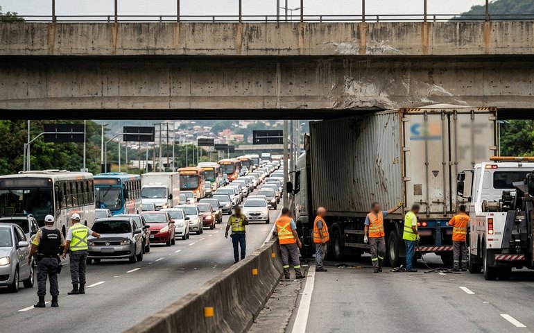 Carreta fica presa sob viaduto na Linha Vermelha e complica trânsito para a Baixada