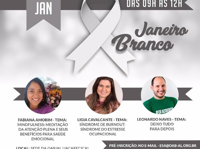 Janeiro branco: palestras sobre saúde psicológica serão realizadas na OAB/AL