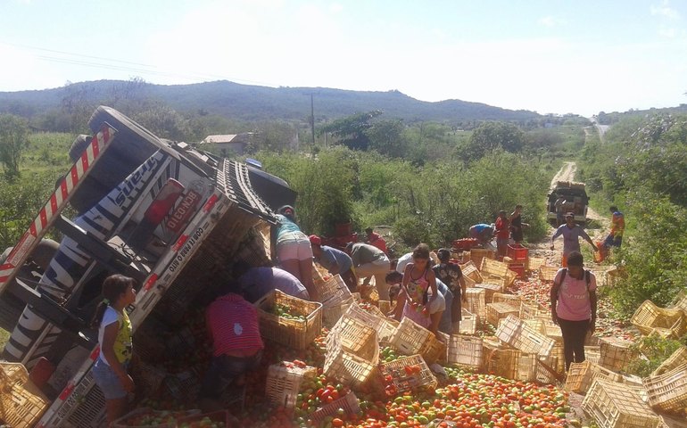 Caminhão carregado de tomate tomba na BR-423