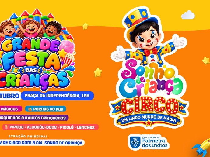 Prefeitura de Palmeira promove festa para crianças neste domingo (18) e reforça ações de inclusão social e proteção à infância