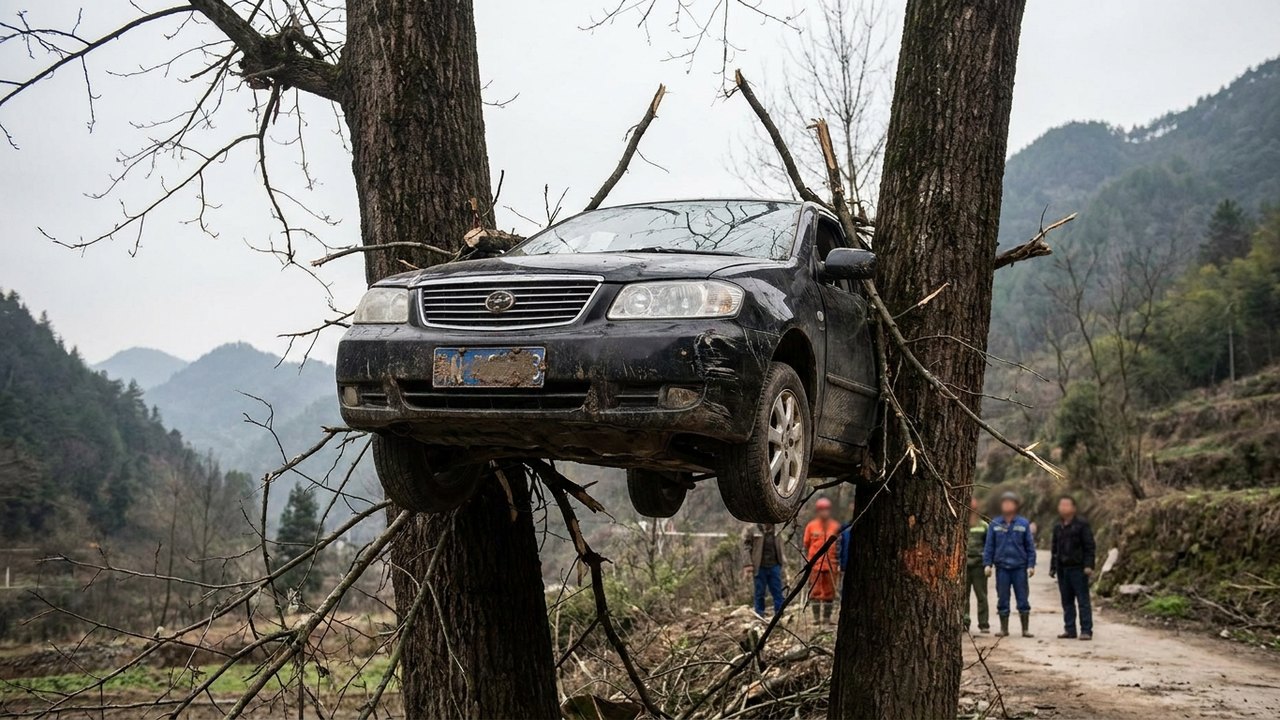 Cena impressionante: carro fica suspenso entre árvores após acidente, na China