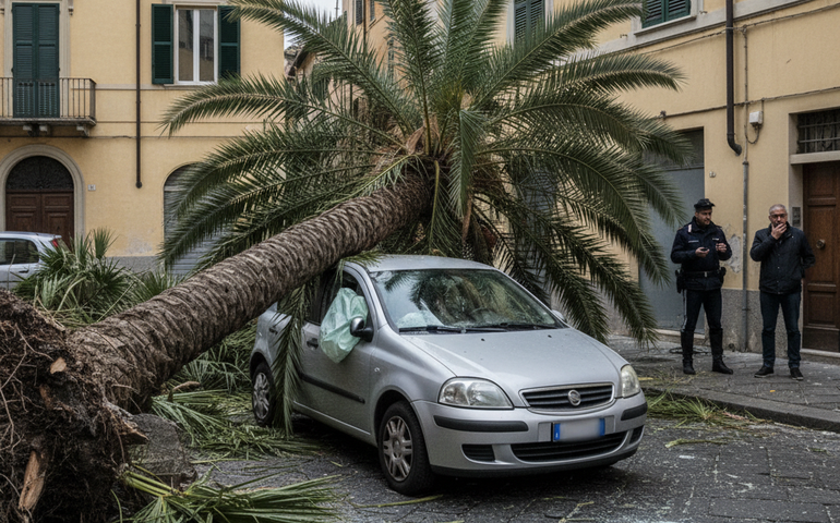 Ventos fortes derrubam palmeira sobre carro em movimento na Itália