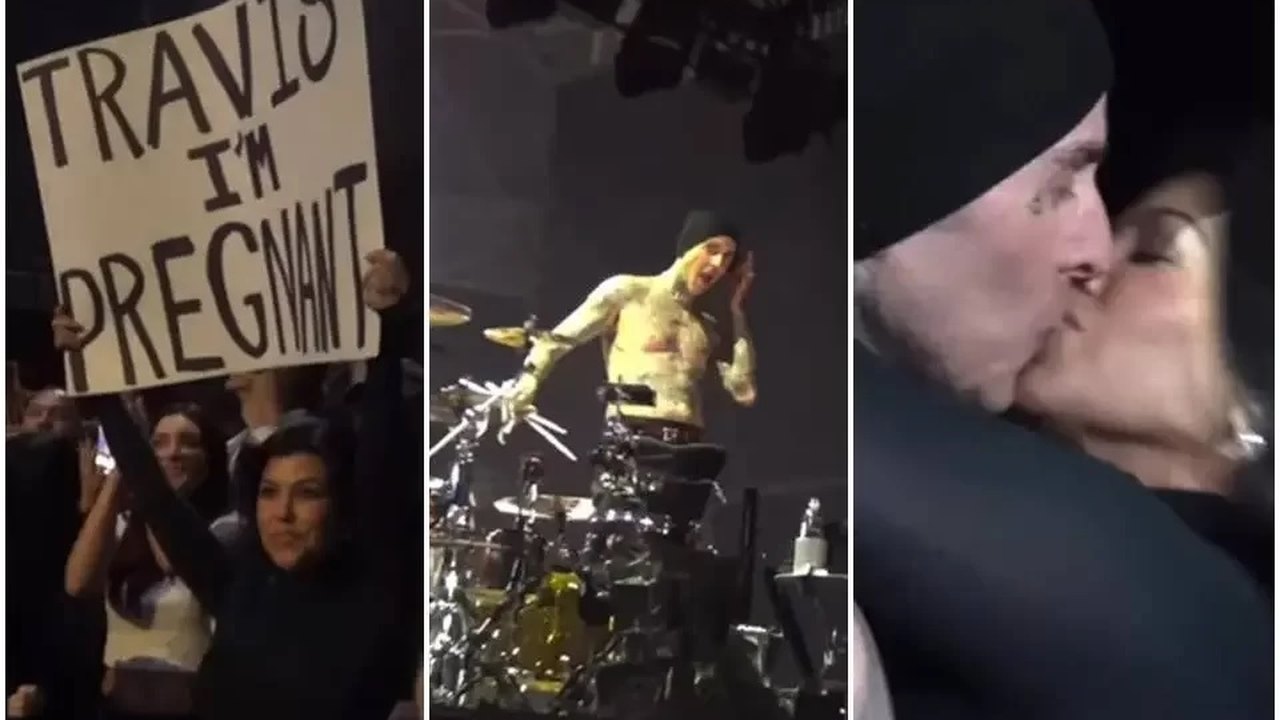 Kourtney Kardashian anuncia gravidez de Travis Barker com cartaz no show do Blink-182