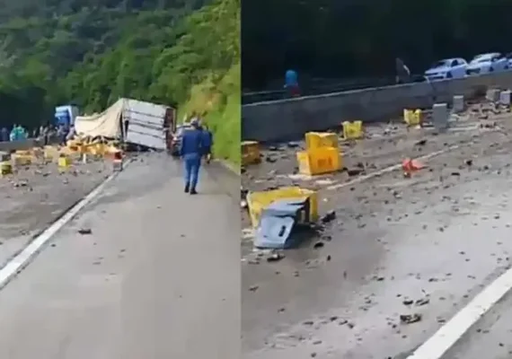Carreta carregada com cerveja tomba e causa lentidão entre Flexeiras e Joaquim Gomes