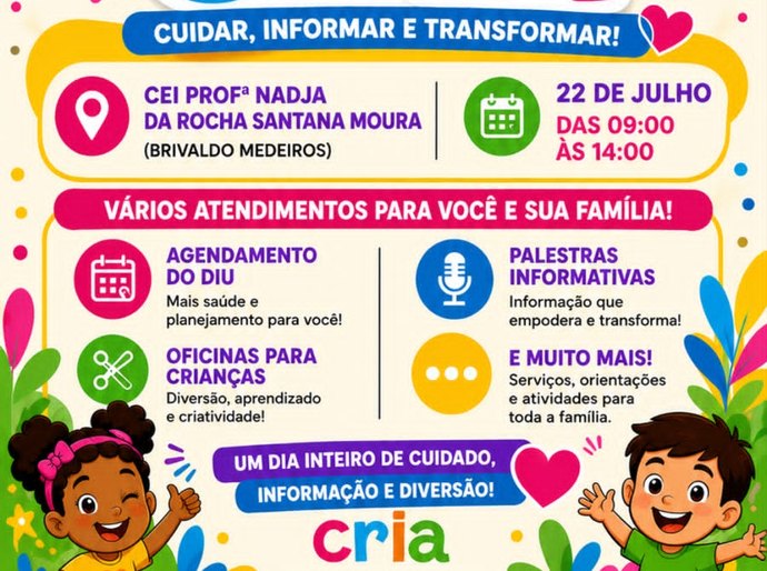 Dia do CRIA levará serviços, informação e atividades para famílias de Palmeira dos Índios