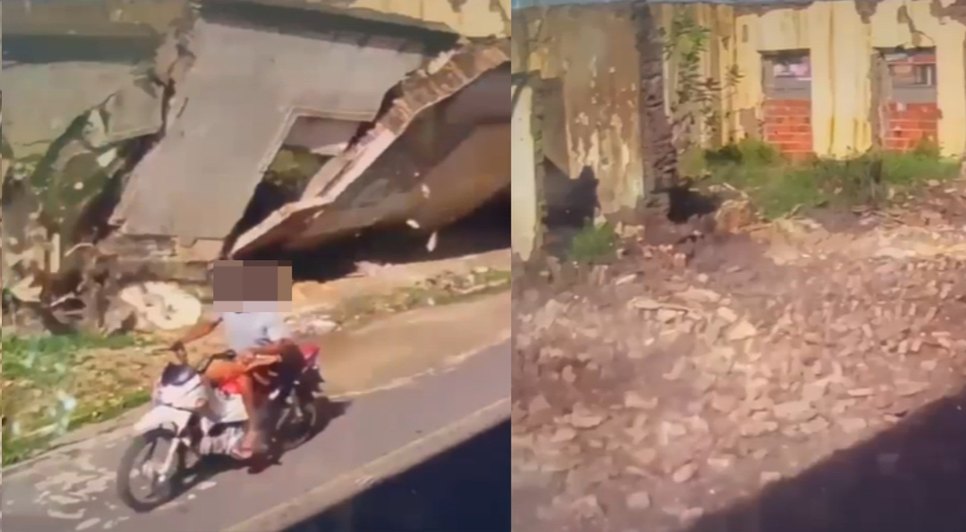Motociclista trafegava pelo local quando por pouco não foi atingido por destroços de casa que desabou. Foto: Reprodução.