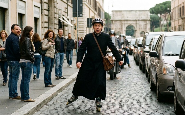Padre viraliza ao patinar às margens do Tibre para fugir do trânsito em Roma