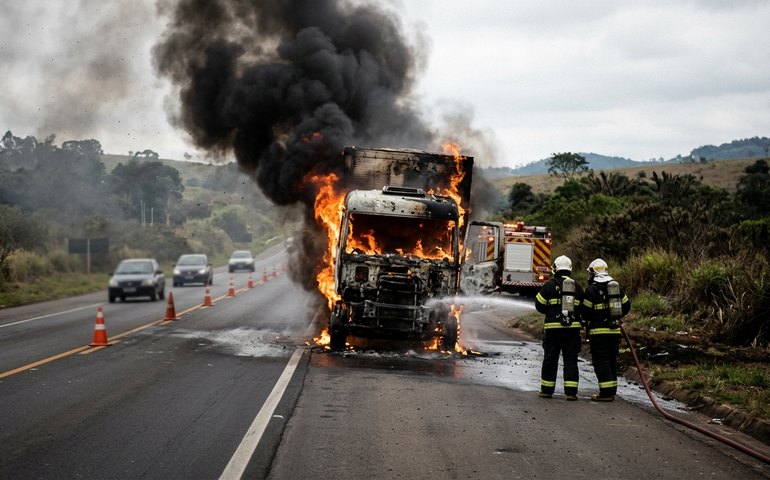 Caminhão pega fogo na BR 381 em Minas Gerais