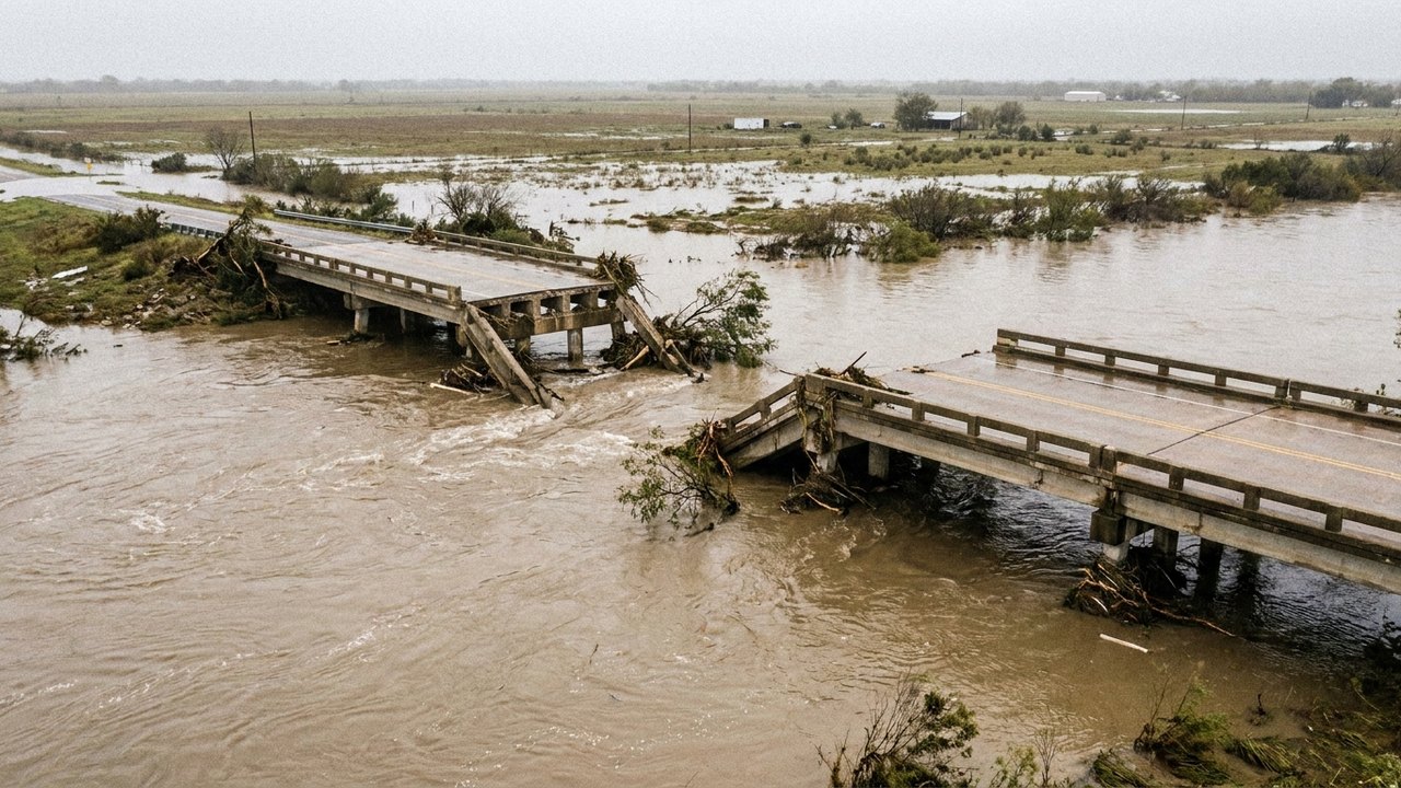 Ponte rodoviária destruída e quase submersa por enchentes nos EUA