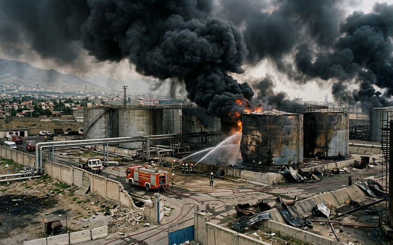 Sputnik divulga novas imagens do depósito de petróleo de Shahran após ataque noturno em Teerã
