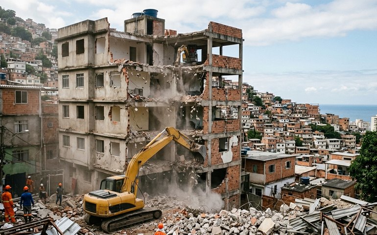 Construção avaliada em R$ 1,5 milhão começa a ser demolida no Vidigal; prédio tem sete andares