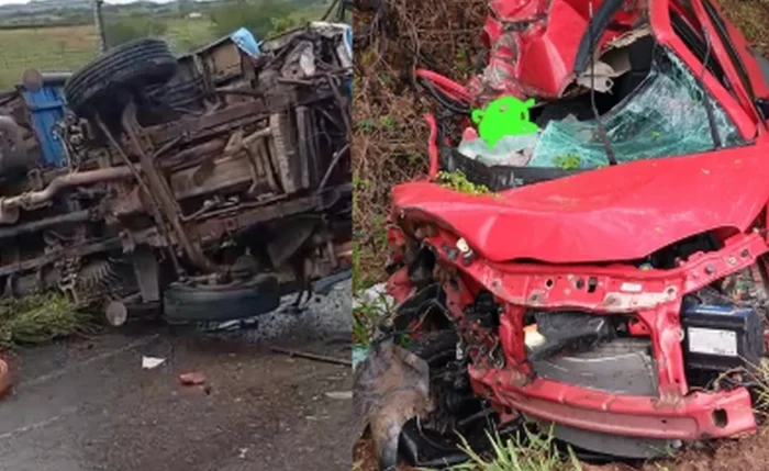 Carro ficou destruído após colisão com carreta na AL-220, em São José da Tapera