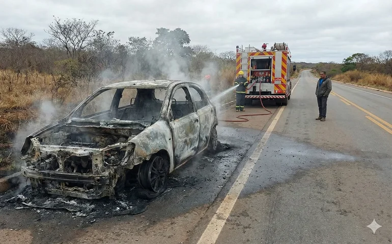 Carro é destruído por incêndio em rodovia de Minas Gerais