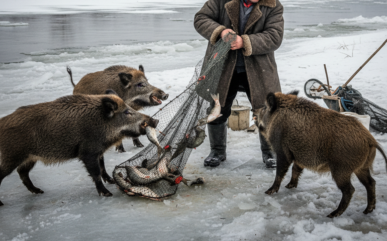 Que difícil é ser pescador no Cazaquistão: javalis também disputam os peixes