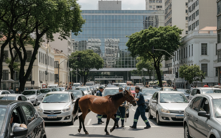 Cavalo circula entre carros na Presidente Vargas, entra na Prefeitura do Rio e é resgatado